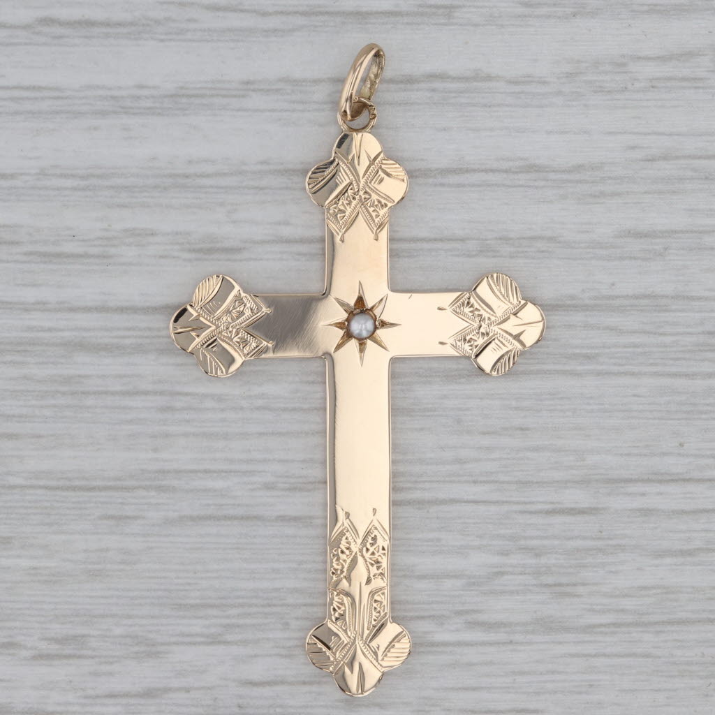Gray Antique Ornate Pearl Reversible Cross Pendant 12k Yellow Gold Statement