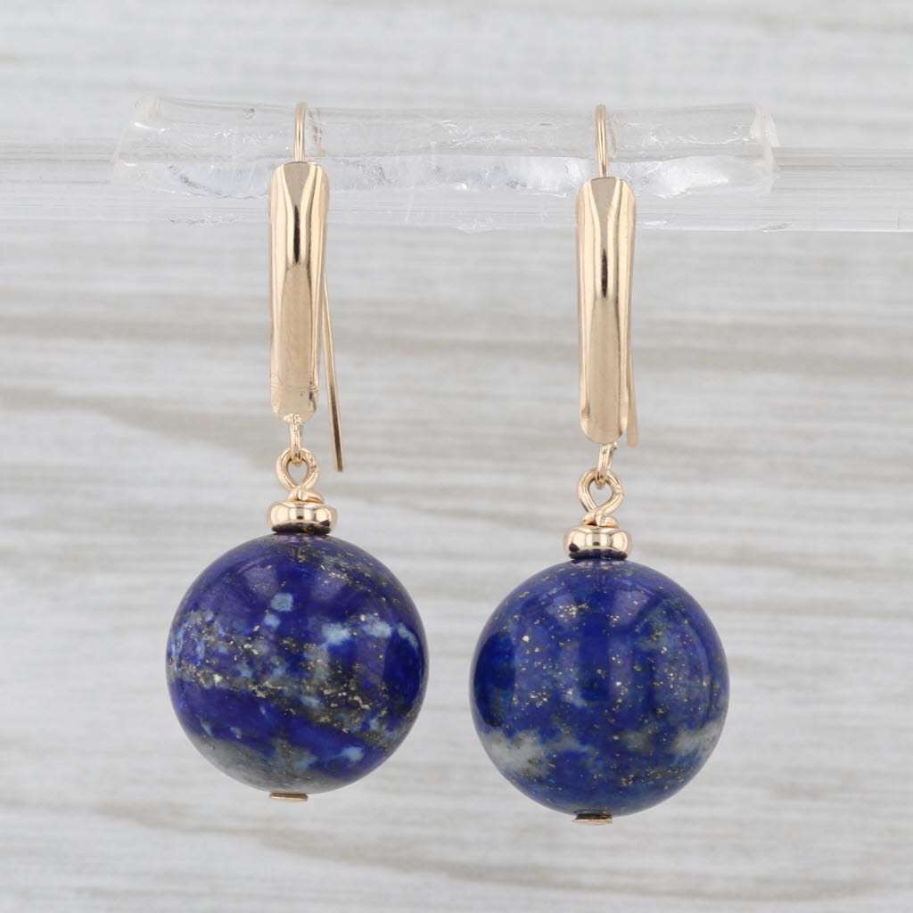 Blue Lapis Lazuli Bead Drop Earrings 14k Yellow Gold Hook Post Dangles