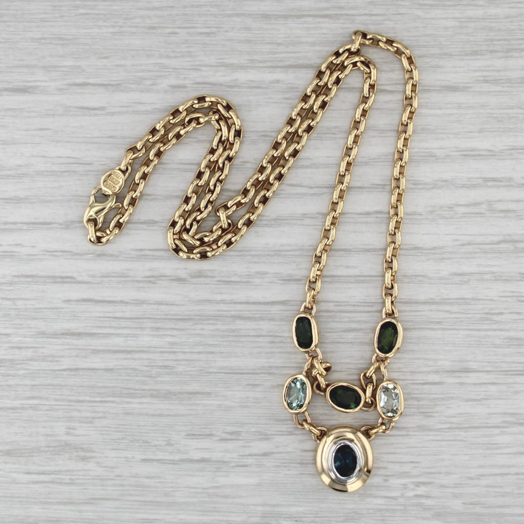 Blue Topaz Green Tourmaline Lariat Necklace 18k 14k Gold 18.25" Cable Chain