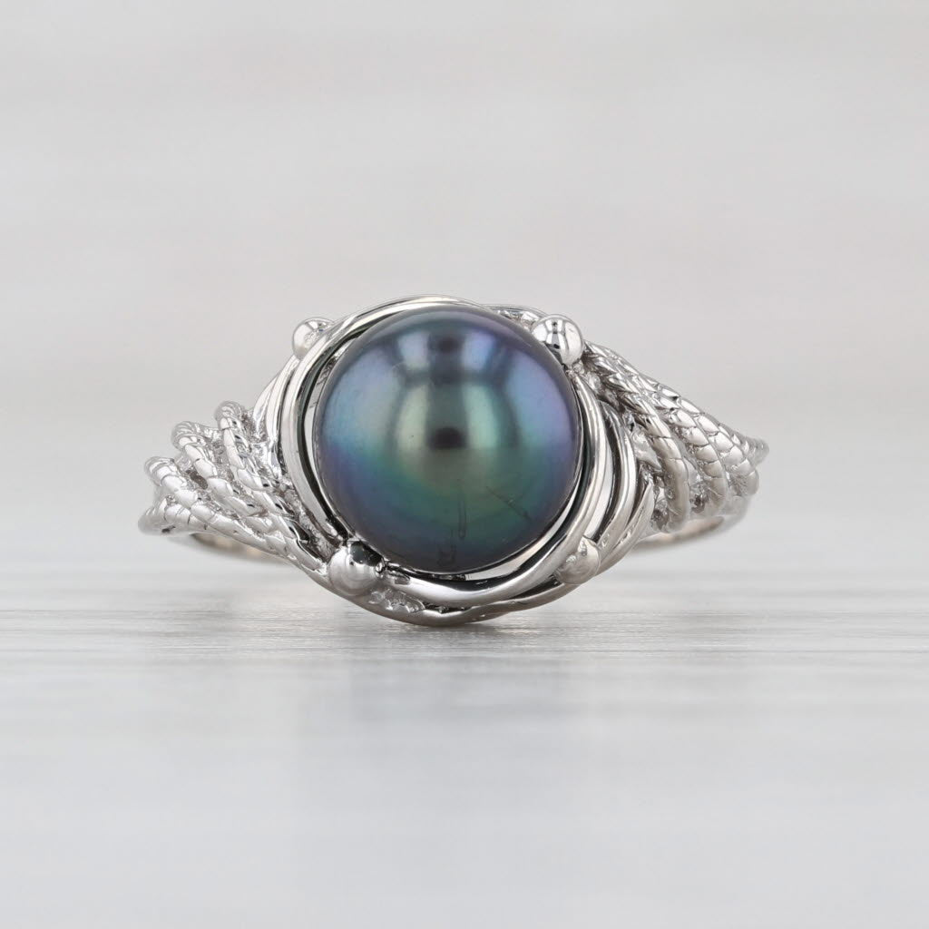 Cultured Black Pearl Solitaire Ring Silver Size 5 Openwork Band