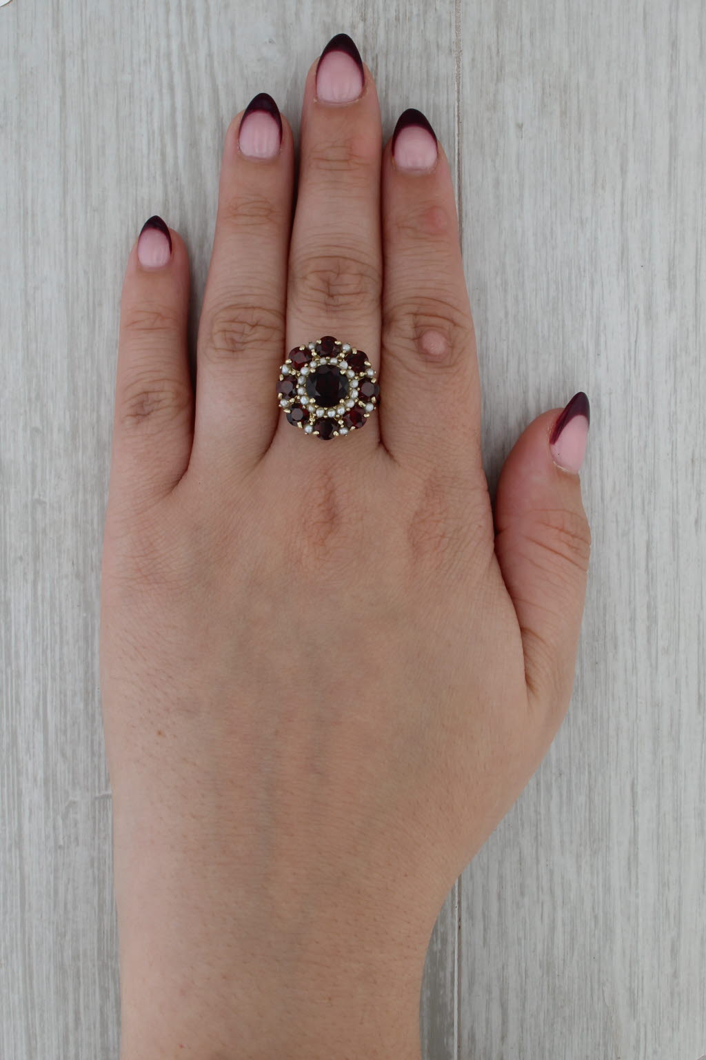 6.50ctw Garnet Seed Pearl Flower Ring 14k Yellow Gold Size 8.5 Cocktail