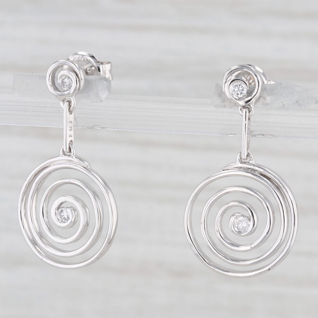 Light Gray Diamond Swirl Dangle Earrings 14k White Gold Pierced Drops