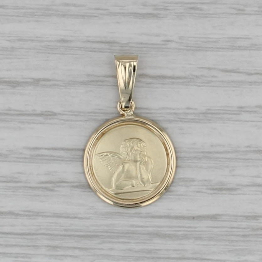 Guardian Angel Pendant 14k Yellow Gold Small Drop Winged Cherub Charm