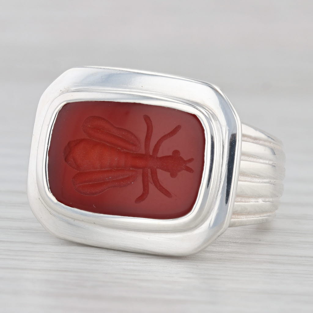 Light Gray Slane & Slane Red Chalcedony Bee Intaglio Seal Signet Ring Sterling Silver