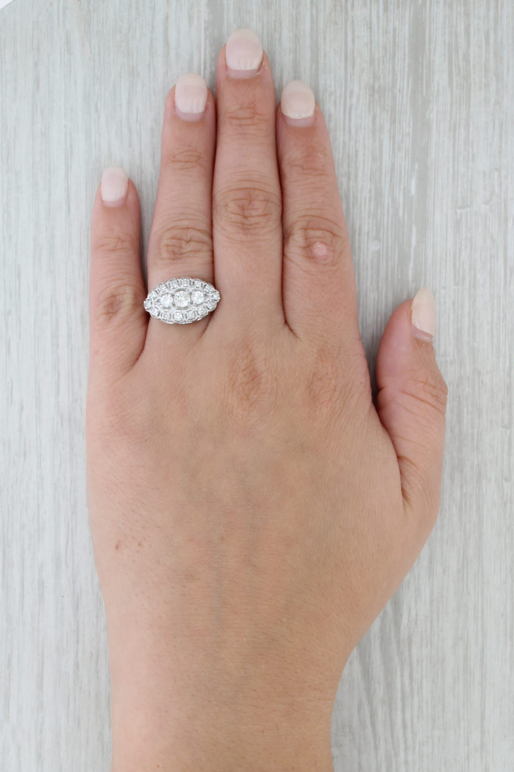 Vintage 0.96ctw Diamond 3-Stone Halo Ring 14k White Gold Size 6.25