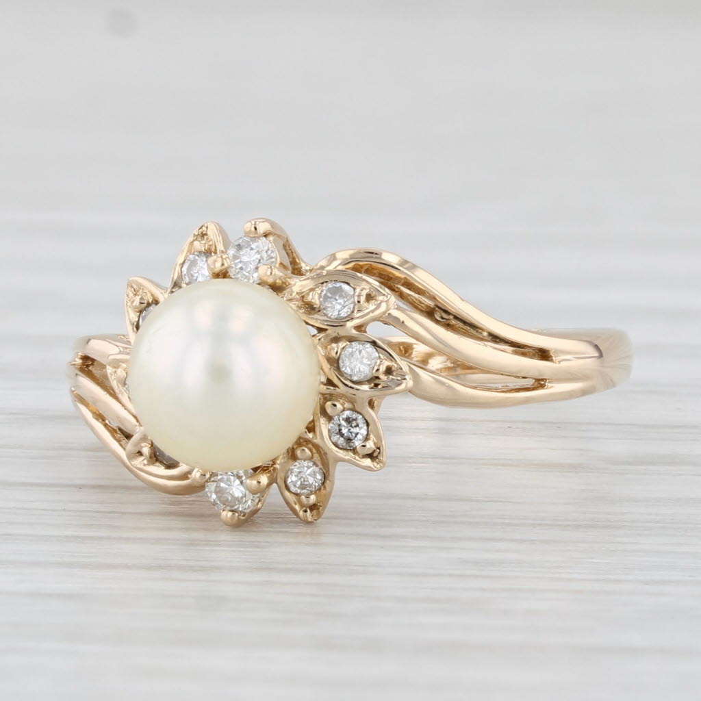 Light Gray Cultured Pearl 0.11ctw Diamond Halo Ring 14k Yellow Gold Size 6.25