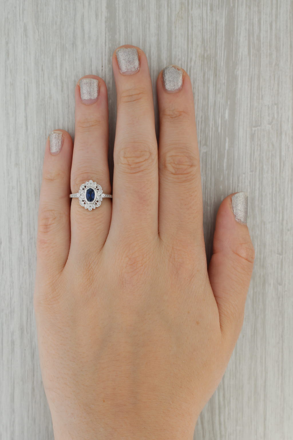 Rosy Brown New Beverley K 0.91ctw Blue Sapphire Diamond Halo Ring Size 6.75 14k White Gold