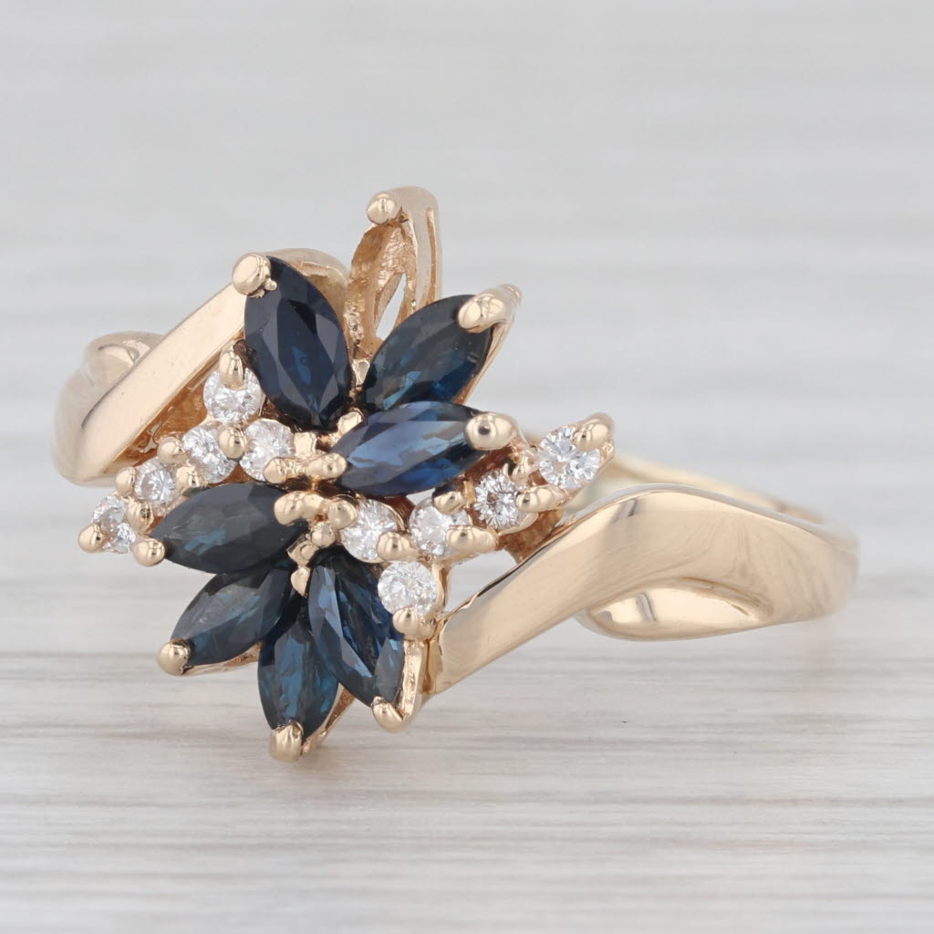 Light Gray 1.75ctw Blue Sapphire Cluster Diamond Bypass Ring 14k Yellow Gold Size 10