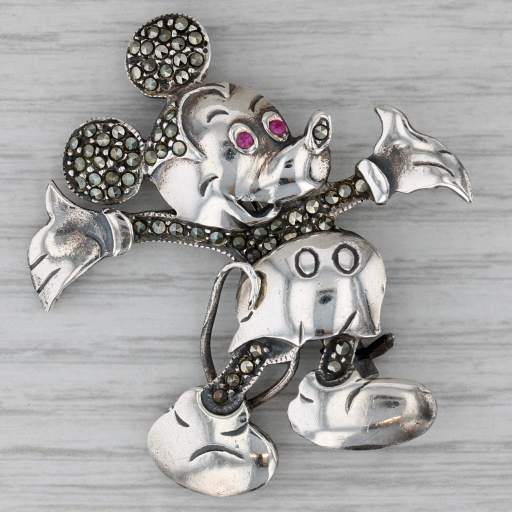 Gray Mickey Mouse Brooch Marcasite Lab Created Ruby Sterling Silver Disney Pin