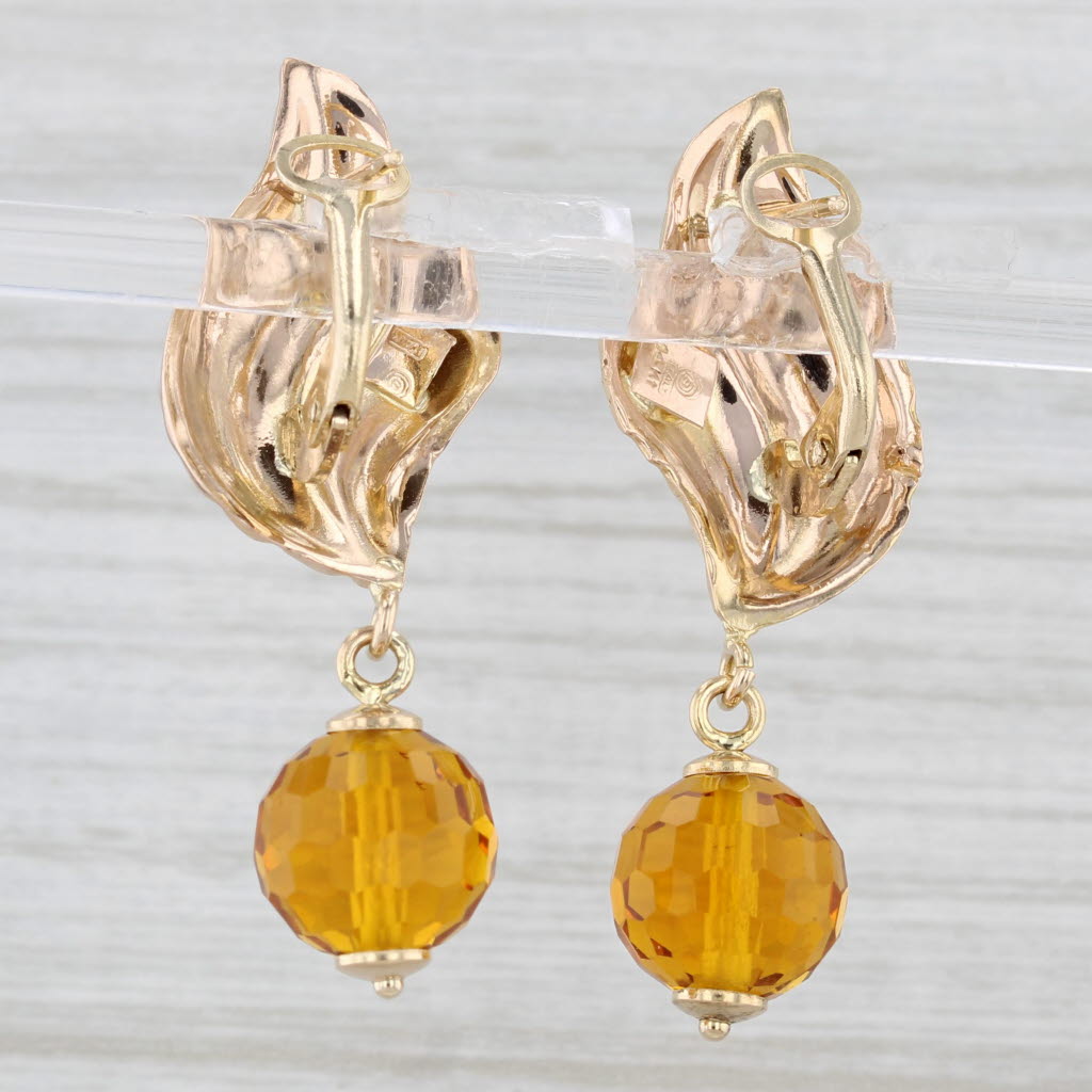 Light Gray Orange Glass Bead Dangle Beveled Leaf Earrings 14k Yellow Rose Gold