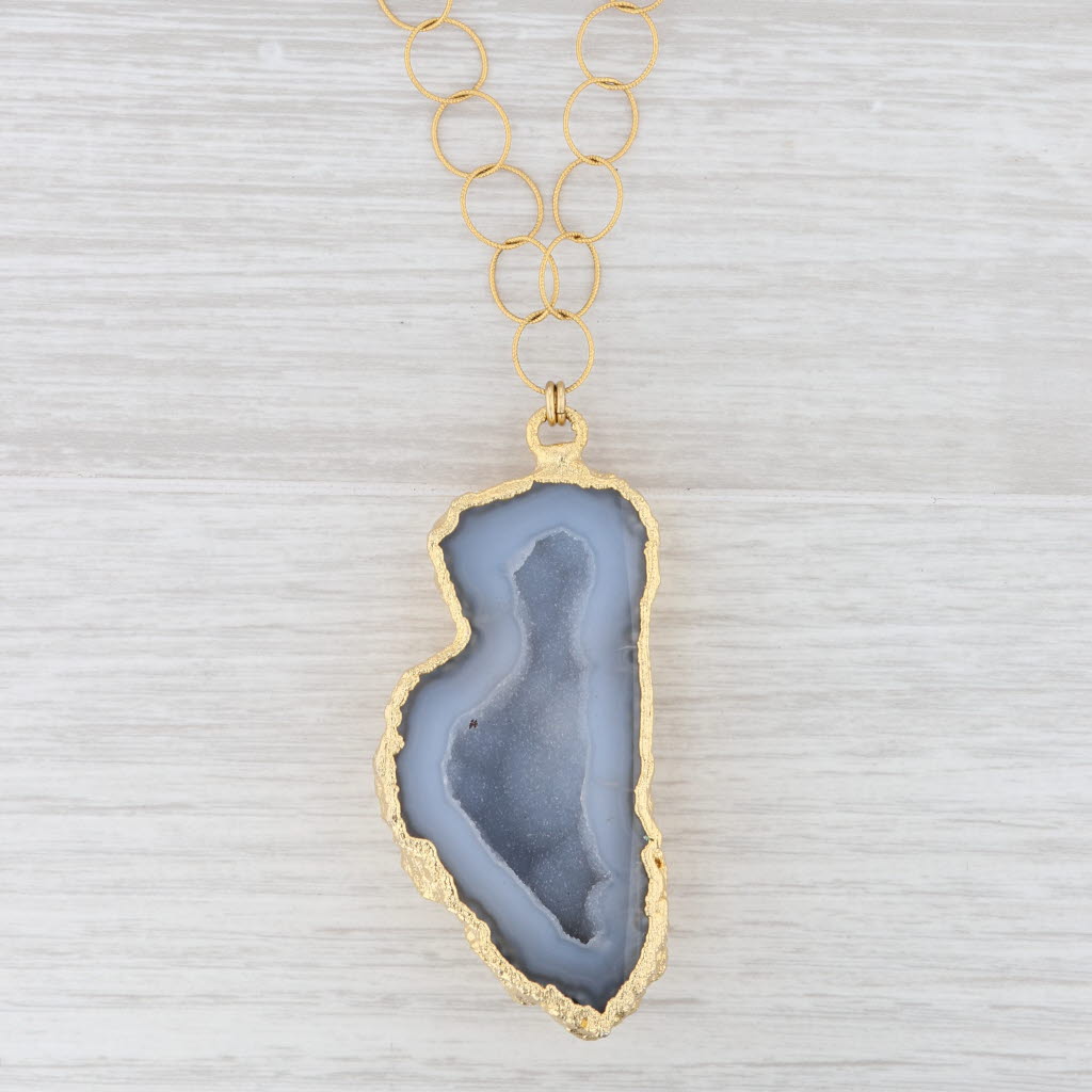 New Nina Wynn Druzy Geode Quartz Pendant Necklace Sterling Gold Vermeil 30.5"