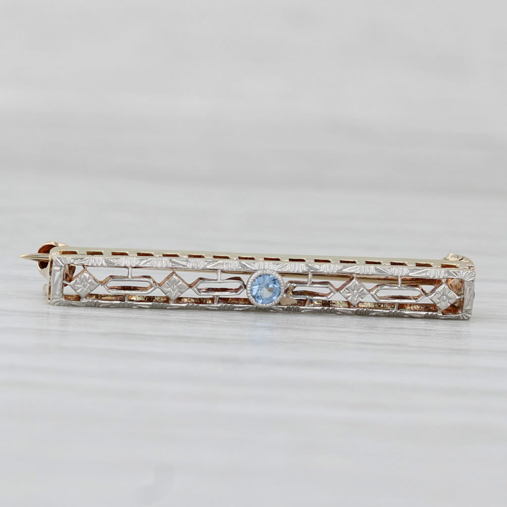 Light Gray Vintage Lab Created Blue Sapphire Bar Pin Filigree 14k Gold Platinum