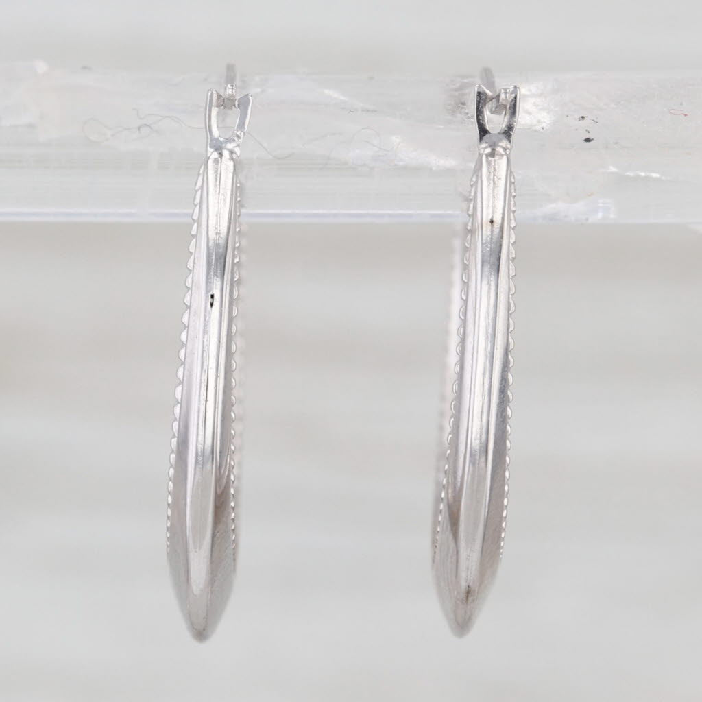 Round Bead Accented Hoop Earrings 10k White Gold Snap Top Hoops