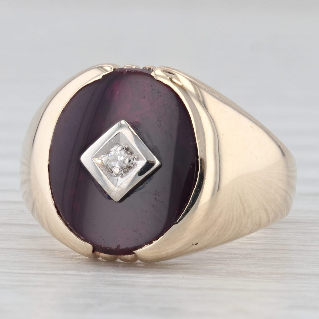 Light Gray Vintage Lab Created Ruby Diamond Signet Ring 10k Yellow Gold Size 7.5