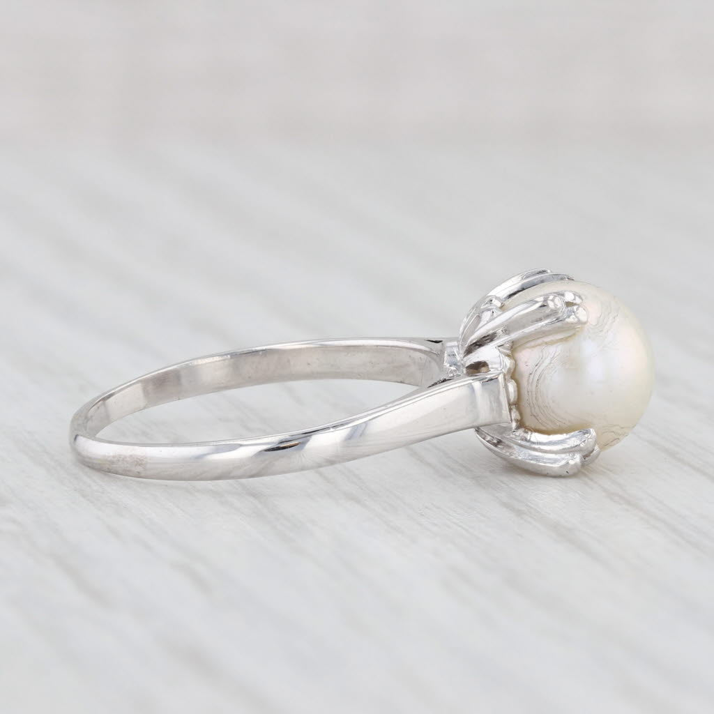 Light Gray Vintage Cultured Pearl Solitaire Ring 14k White Gold Size 7.75