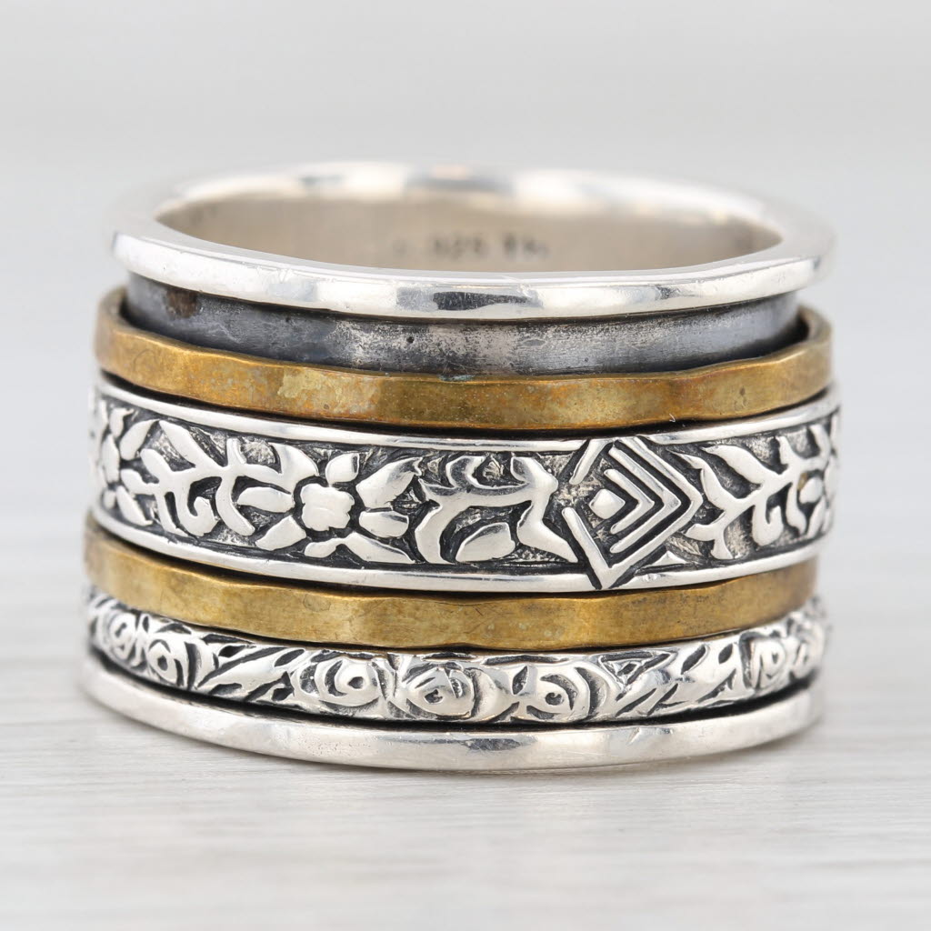Light Gray Silpada Floral Spinner Ring Sterling Silver Brass Statement Band Size 8.25