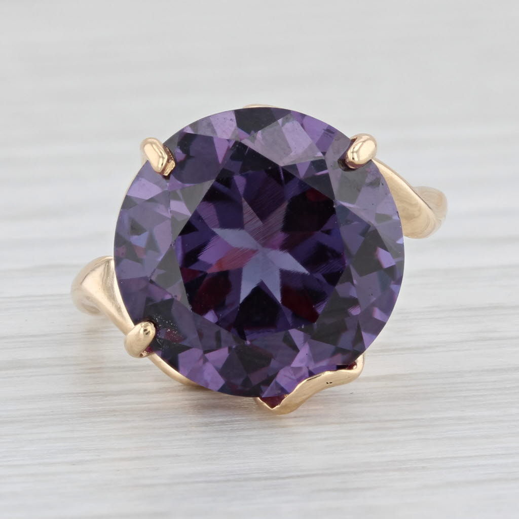 Light Gray Lab Created Star Sapphire Ring 14k Yellow Gold 14ct Round Purple Solitaire