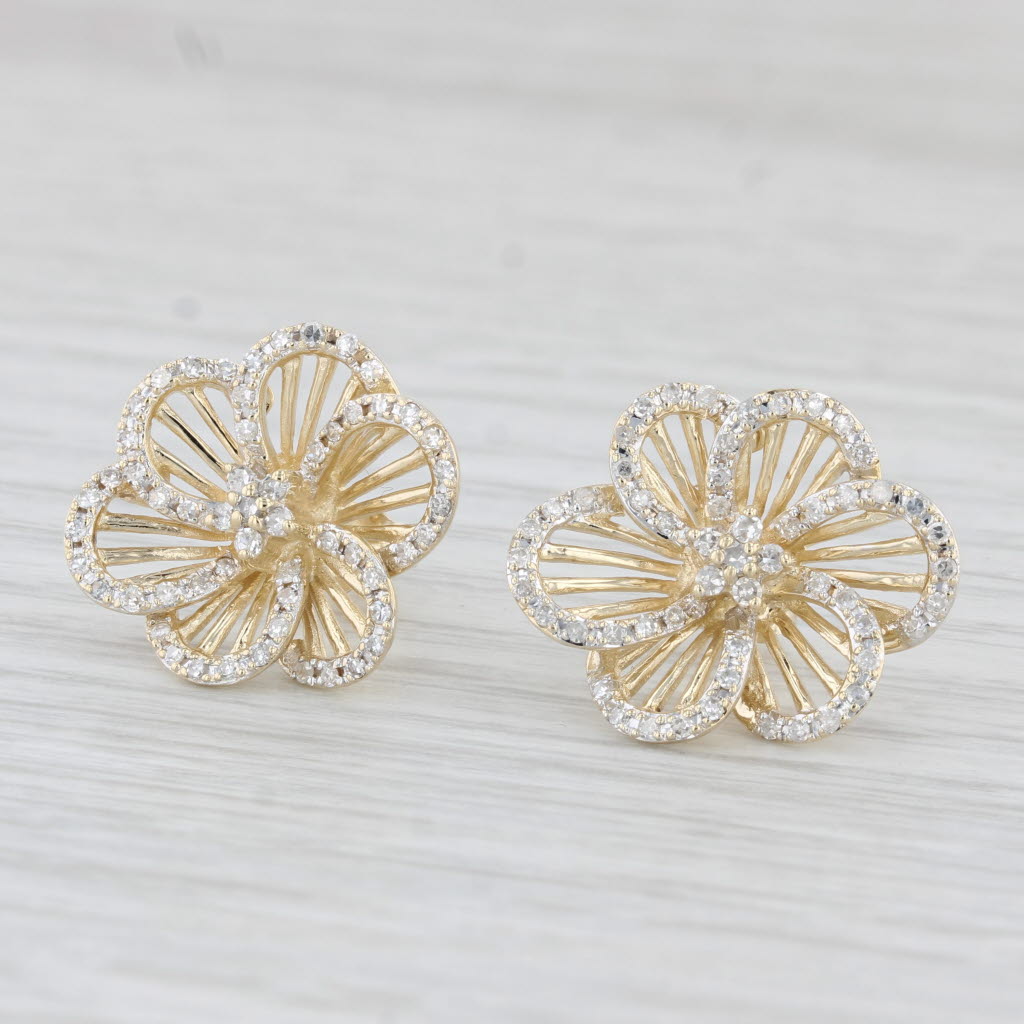 Light Gray 0.60ctw Diamond Flower Earrings 10k Yellow Gold Pierced Floral Studs