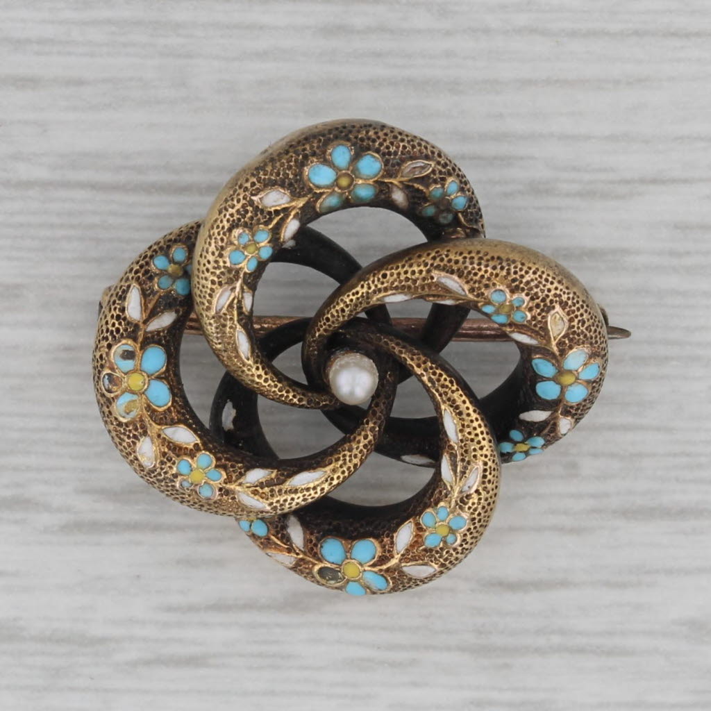 Gray Vintage Flower Knot Brooch 14k Gold Enamel Seed Pearl Pin