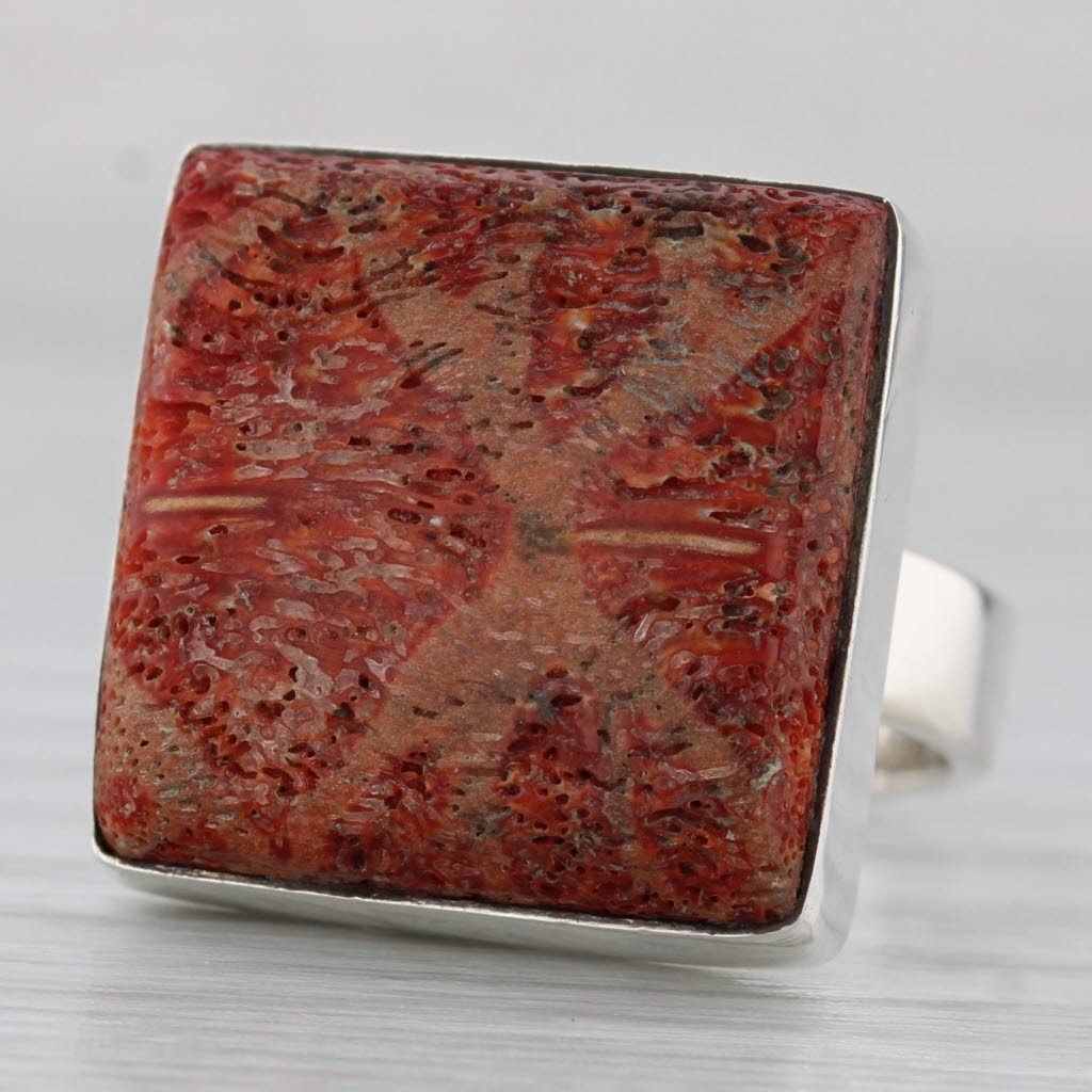 Gray Coral Square Cabochon Ring Sterling Silver Size 7.75