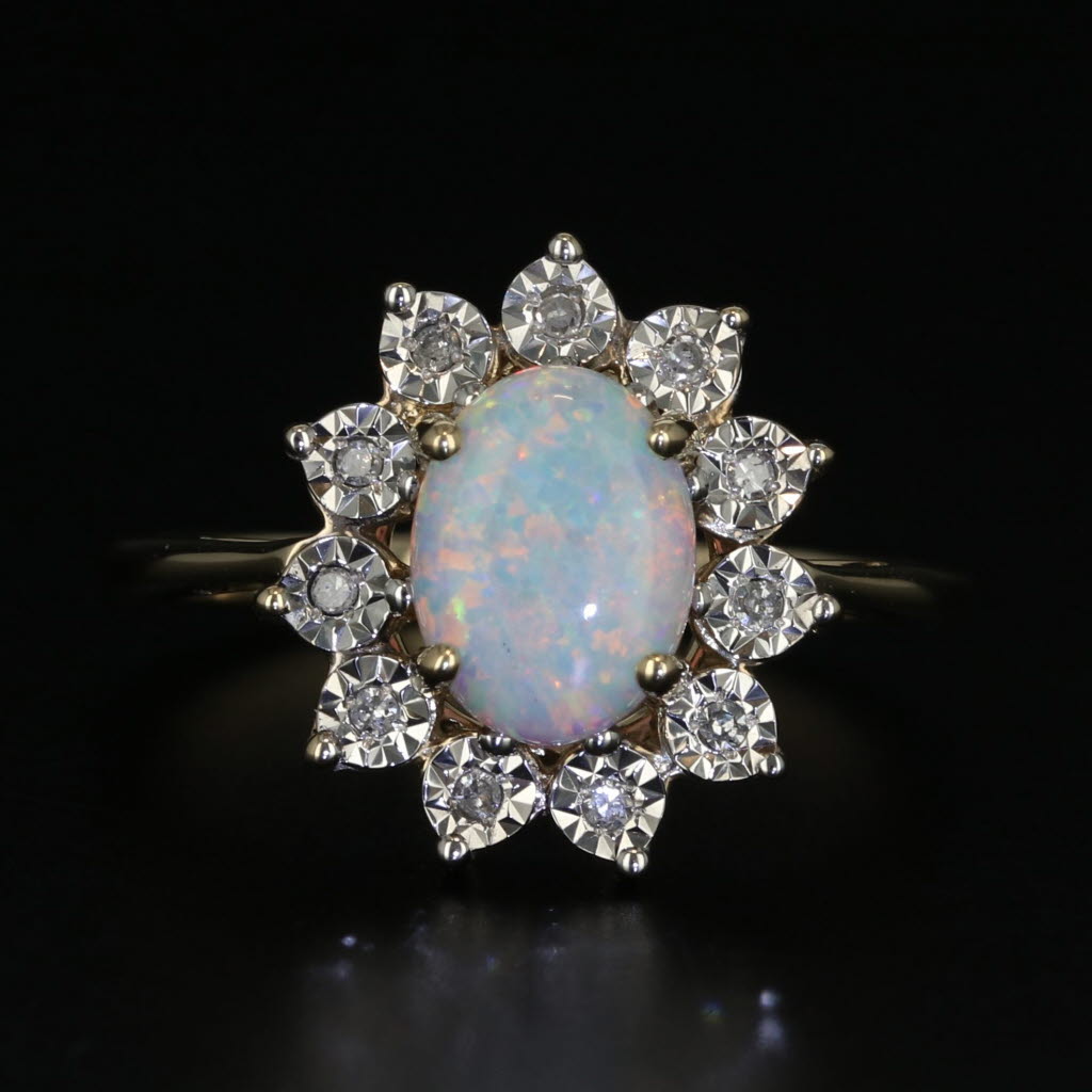 Dark Gray Lab Created Opal Diamond Halo Ring 10k Yellow Gold Size 7