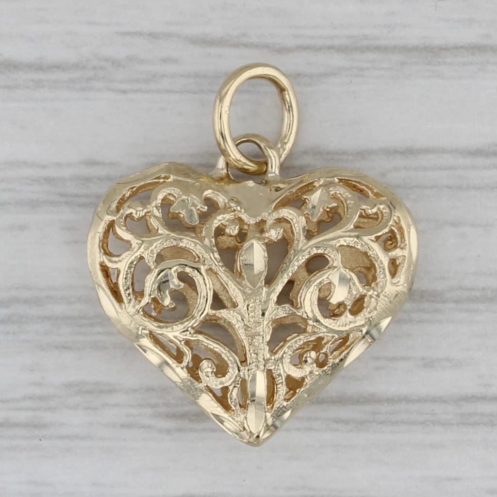 Gray Ornate Openwork Puffy Heart Pendant 10k Yellow Gold Charm