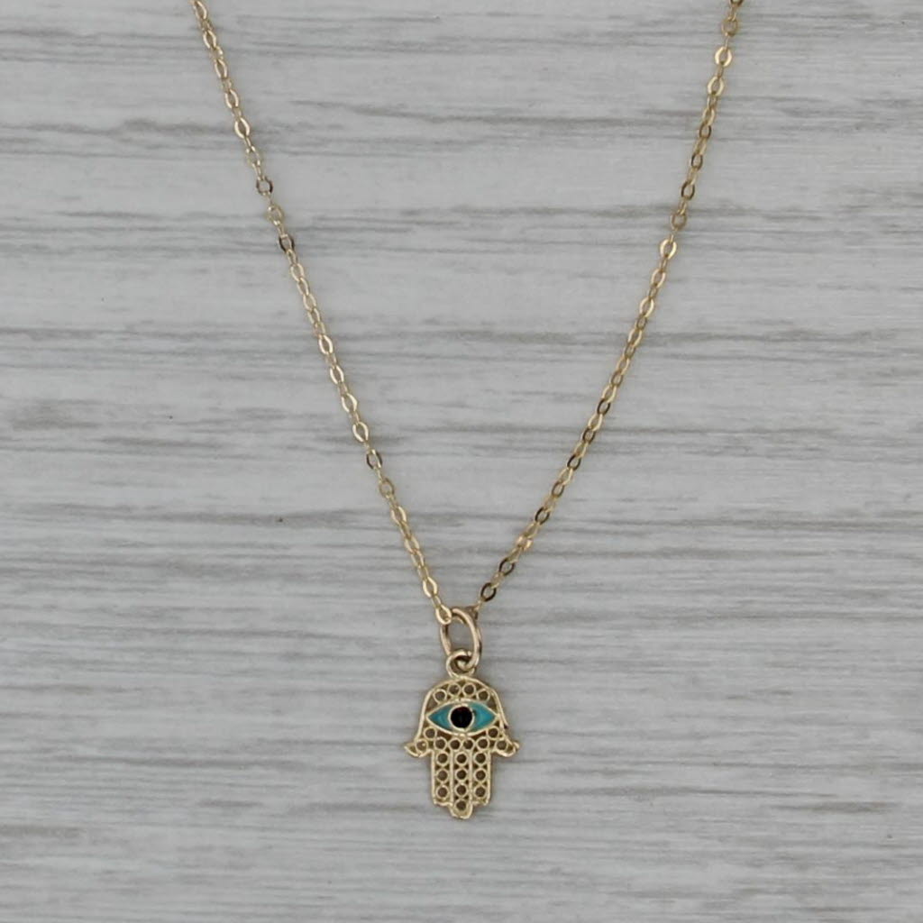 Hamsa Hand All Seeing Eye Pendant Necklace 14k Gold 16.5" 18.5" Cable Chain