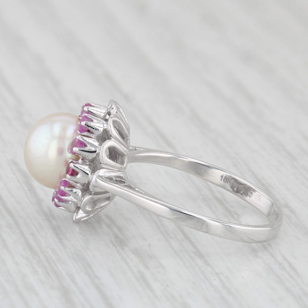 Light Gray Cultured Pearl Ruby Halo Ring 18k White Gold Size 5