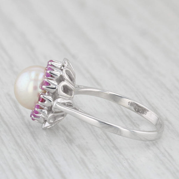 Cultured Pearl Ruby Halo Ring 18k White Gold Size 5