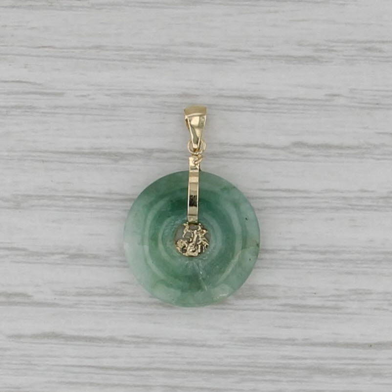Fu Wealth Green Jadeite Jade Hololith Torus Pendant 14k Yellow Gold