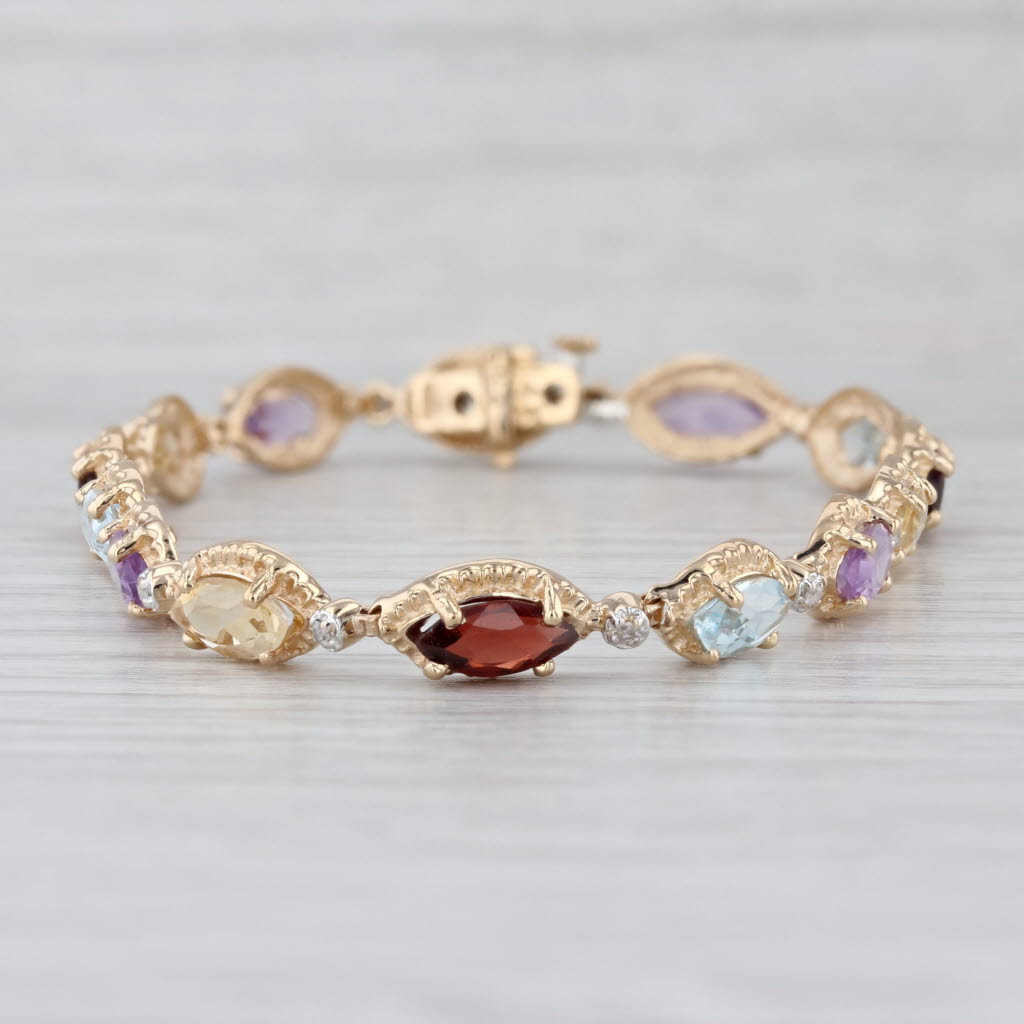 7.96ctw Gemstone Tennis Bracelet 14k Gold Topaz Amethyst Citrine Garnet Diamond