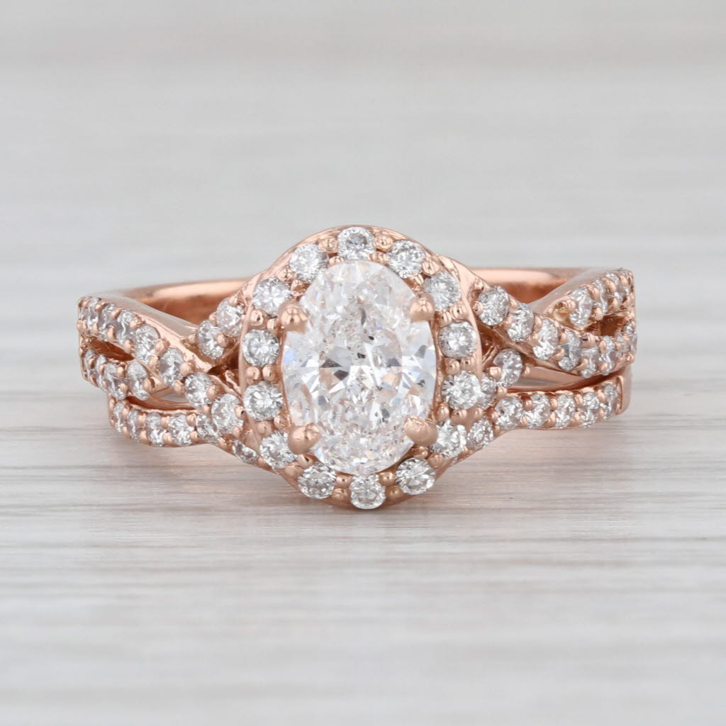 1.58ctw Oval Halo Engagement Ring Wedding Band Bridal Set 14k Rose Gold Size 7