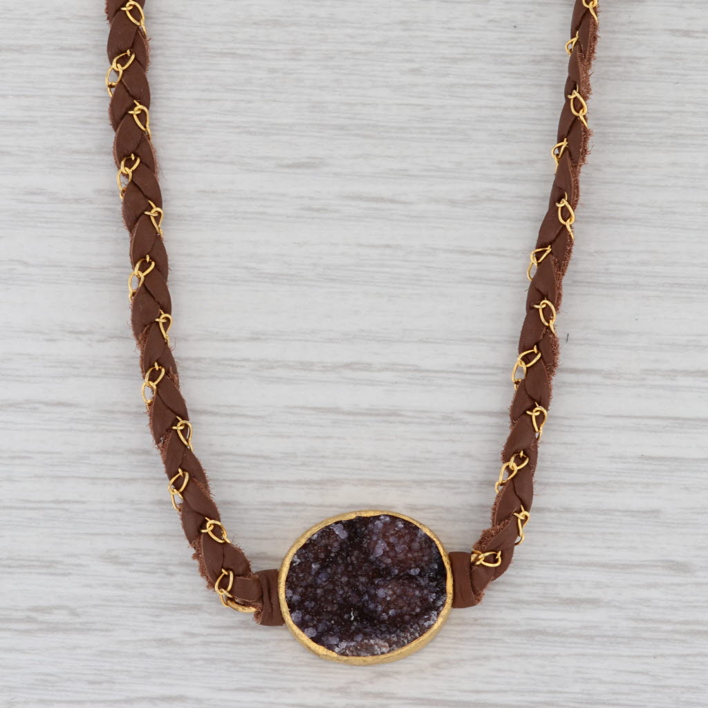 New Nina Wynn Necklace Cordelia Woven Brown Leather Amethyst Druzy