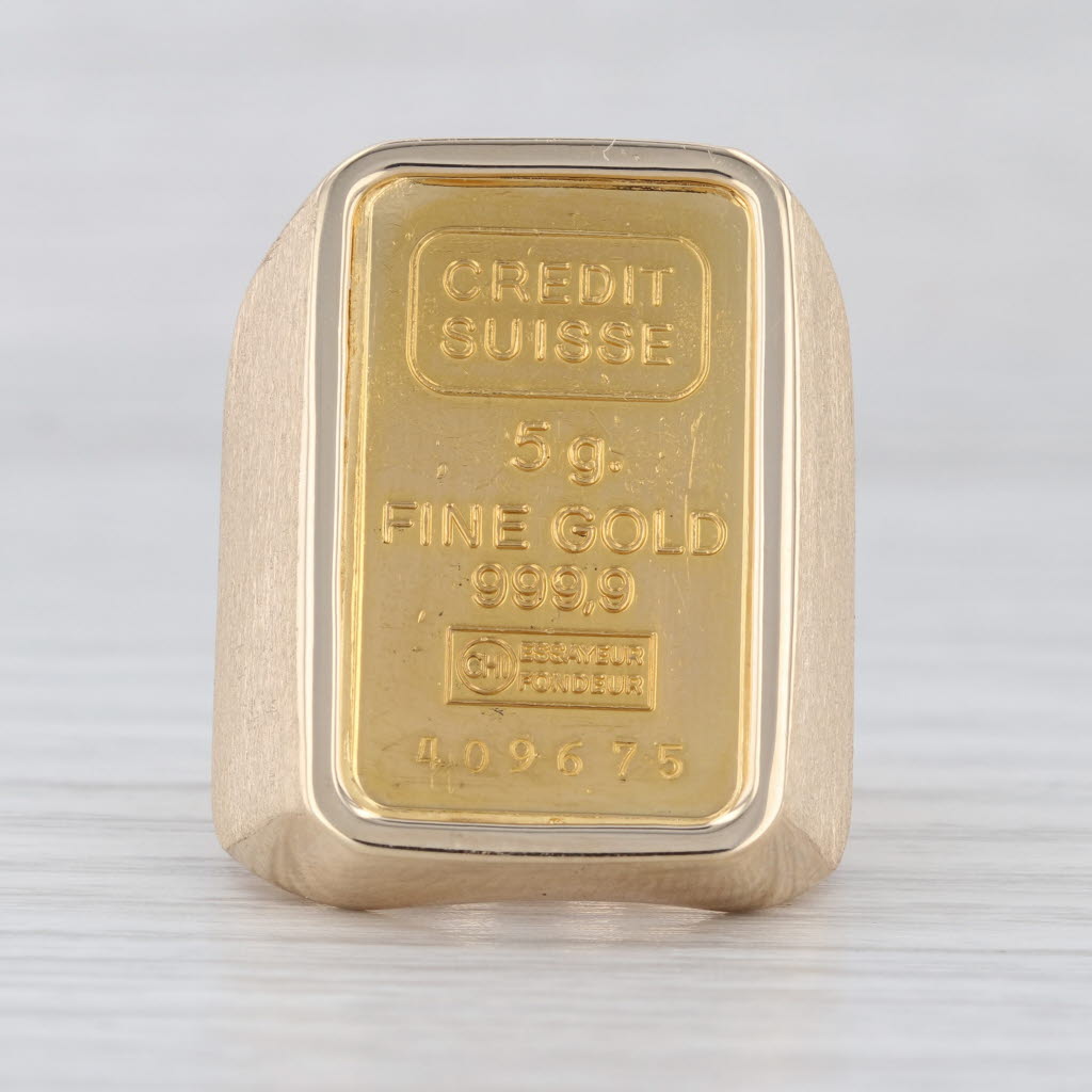 5 Gram Credit Suisse Gold Bar Ring 14k 9999 Fine Gold Size 8.75 Signet
