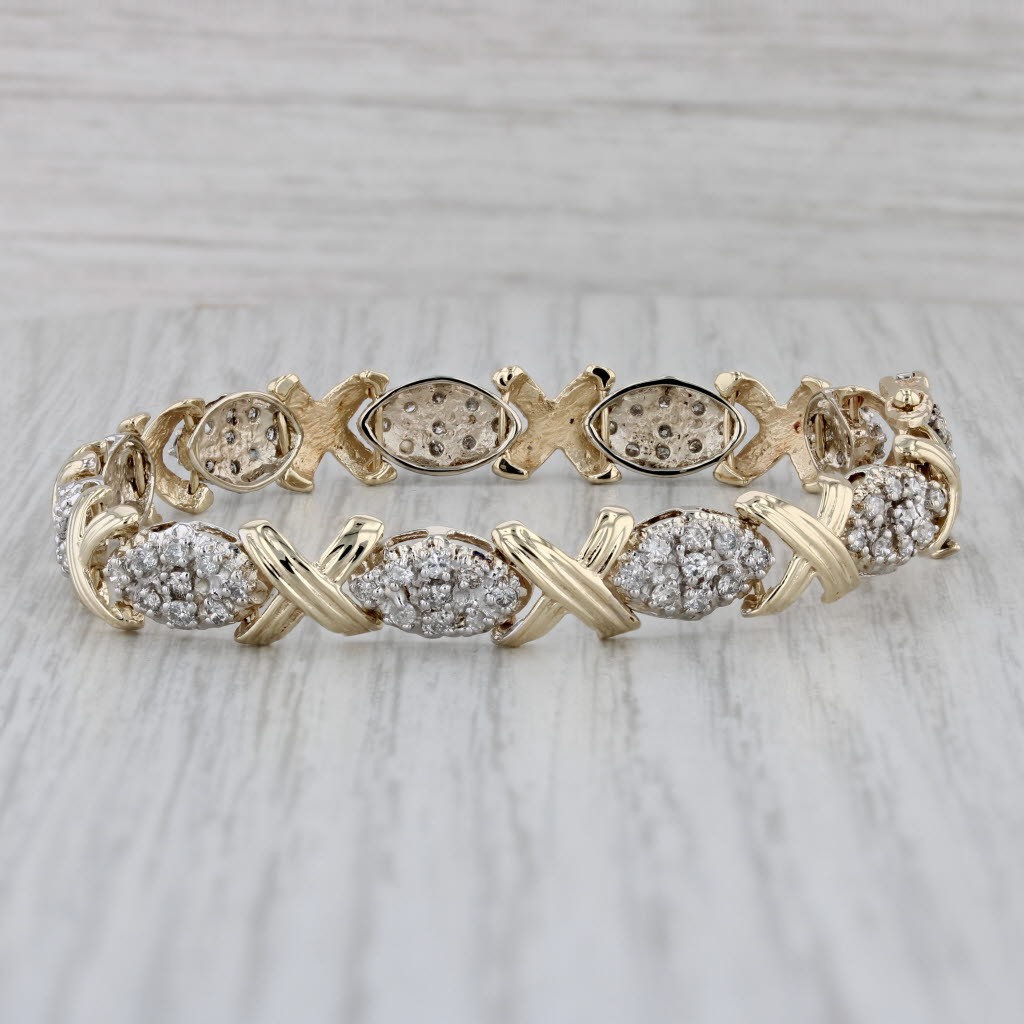 Gray 1.45ctw Diamond Cluster X Link Bracelet 14k Yellow Gold 6.75" 8.3mm