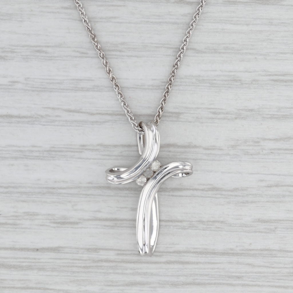 Diamond Cross Pendant Necklace 10k White Gold Wheat Chain 18" 1.2mm