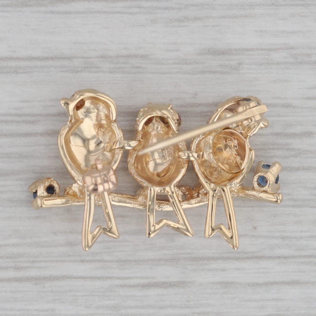 Gray Birds on a Branch Brooch 14k Gold 0.24ctw Ruby Sapphire Pin