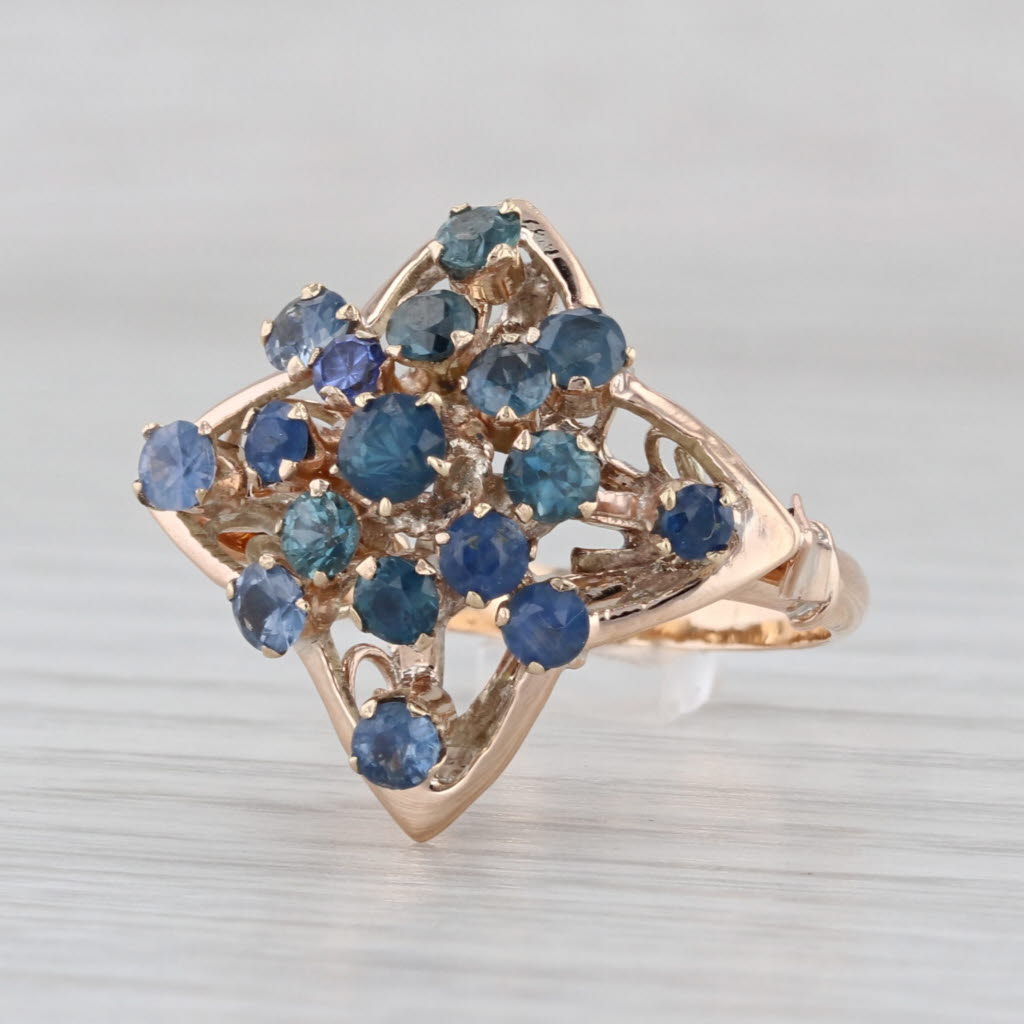 Vintage 2.15ctw Blue Sapphire Cluster Ring 14k Gold Size 6.5 Flower Cluster