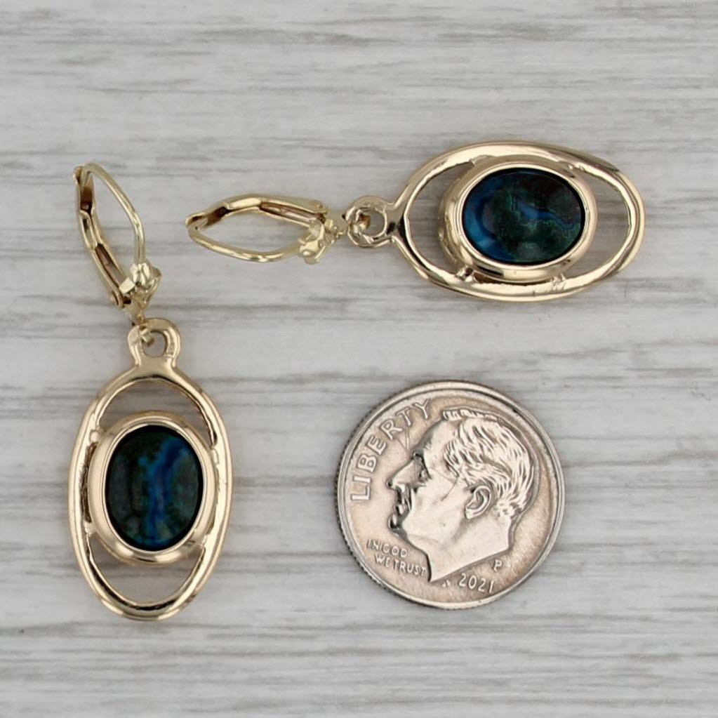Blue Green Eilat Stone Dangle Earrings 14k Yellow Gold Lever Backs