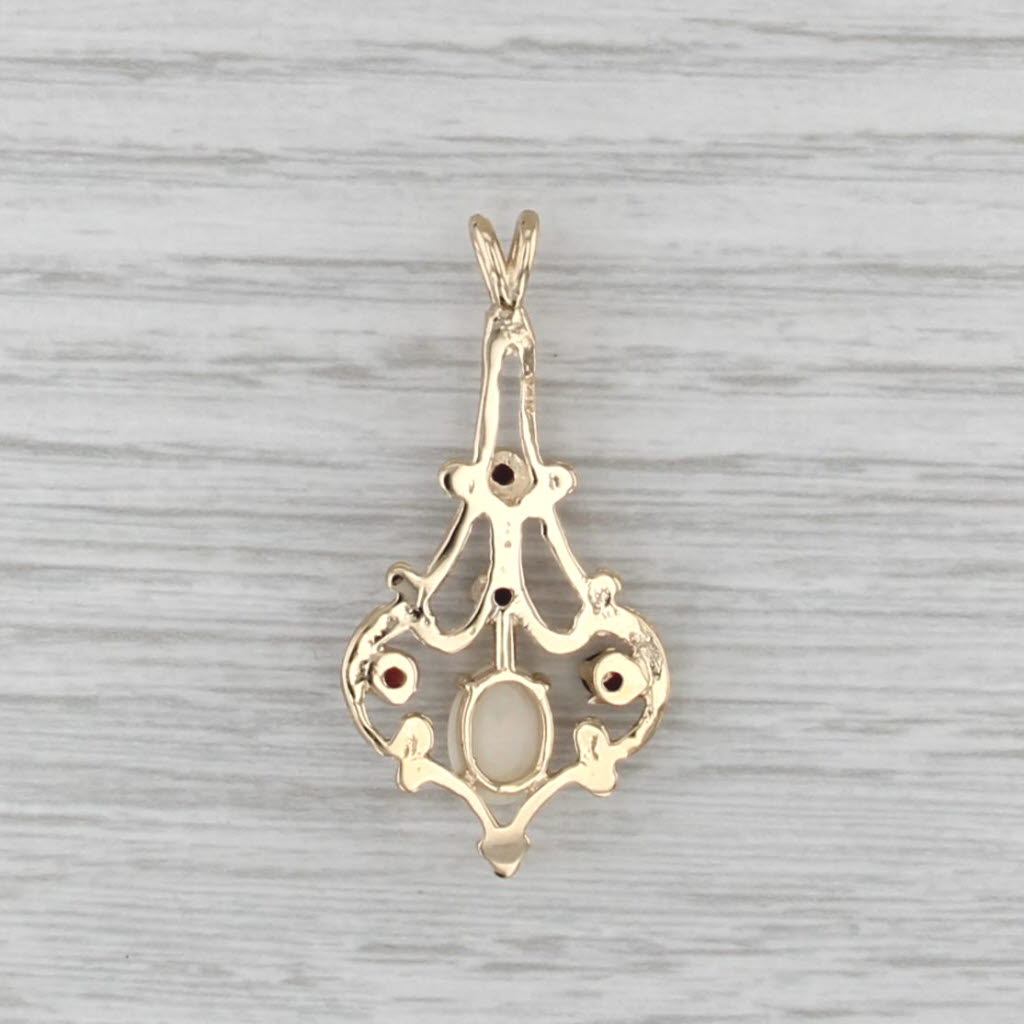 Opal Cabochon Garnet Drop Pendant 14k Yellow Gold Vintage Style