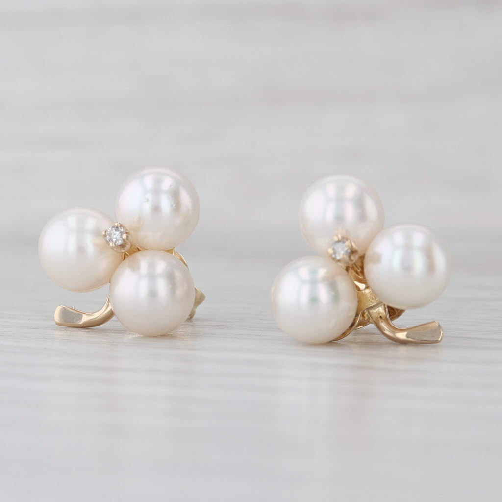 Cultured Pearl Diamond Clover Flower Cluster Stud Earrings 14k Yellow Gold Studs