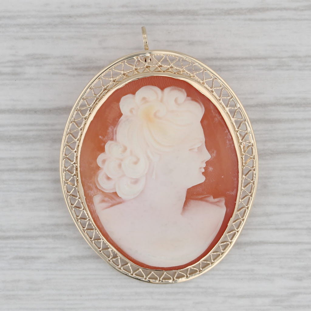 Gray Vintage Carved Shell Cameo Brooch Pendant 10k Yellow Gold Pin