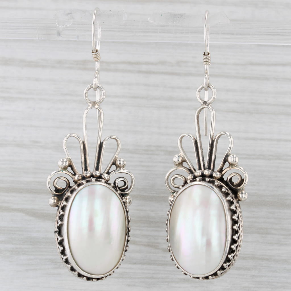 Light Gray Vintage Mabe Pearl Dangle Earrings Sterling Silver Hook Posts Artisan Signed