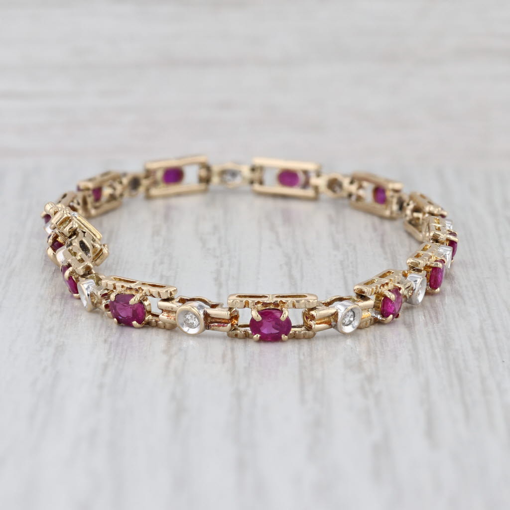 3.59ctw Ruby Diamond Tennis Bracelet 14k Yellow White Gold 7.5"