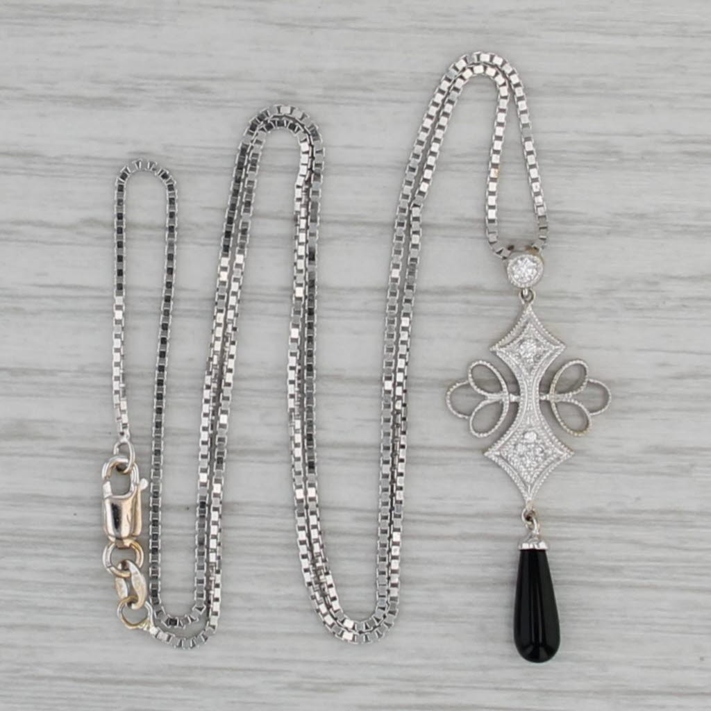 Diamond Onyx Pendant Necklace 14k White Gold 17" Box Chain