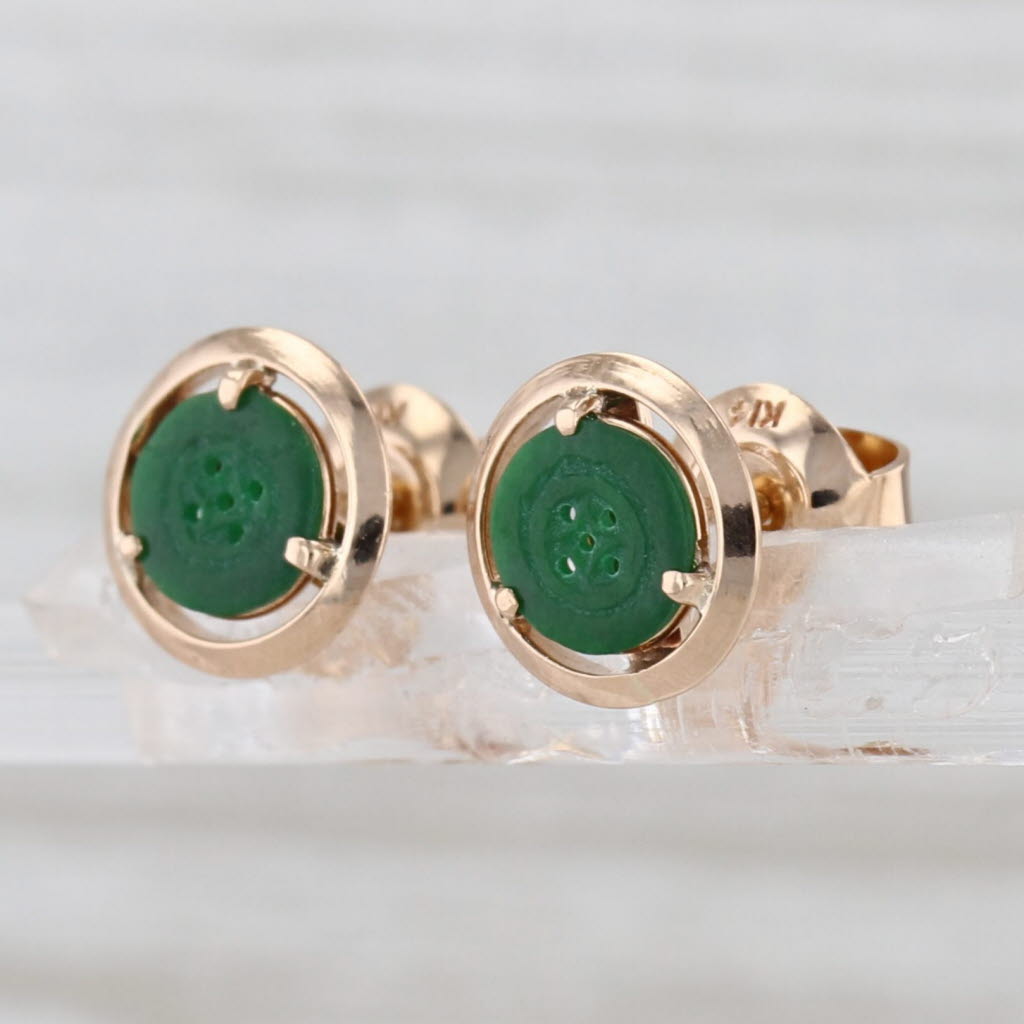 Green Nephrite Jade Stud Earrings 14k Yellow Gold Solitaire Studs
