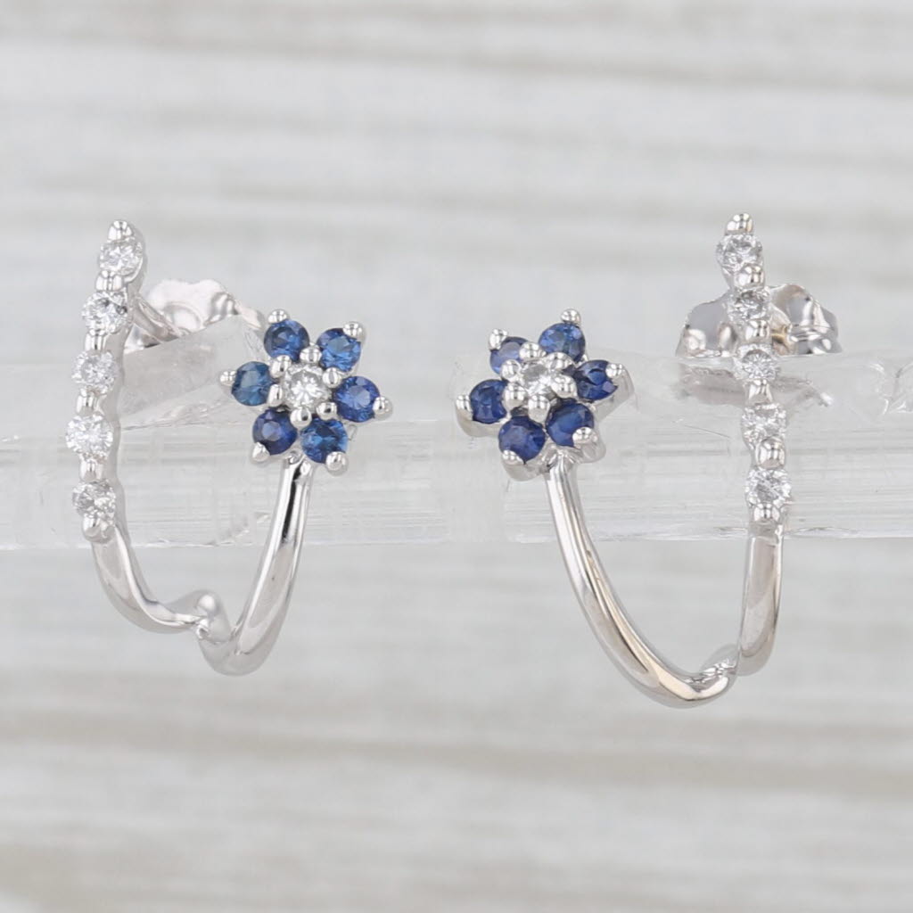 Light Gray 0.30ctw Blue Sapphire Diamond Flower Wishbone Earrings 14k White Gold