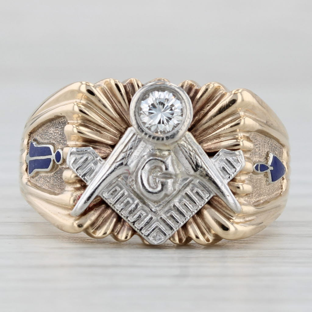 Gray 0.24ct Diamond Masonic Ring 10k Gold Square Compass Plumb Trowel Blue Lodge