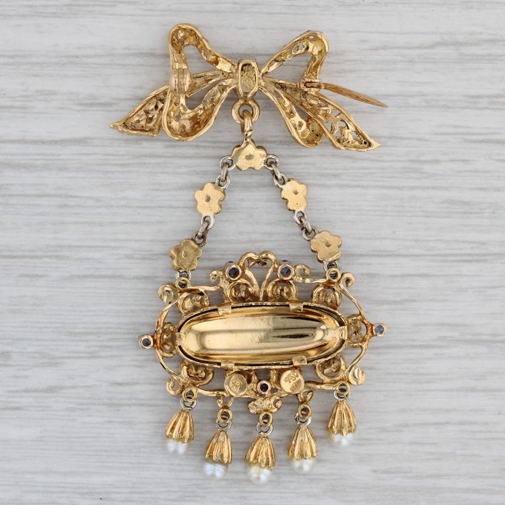 Gray Antique Ornate Flower Brooch 18k Gold Pearls Sapphires Fringed Pin