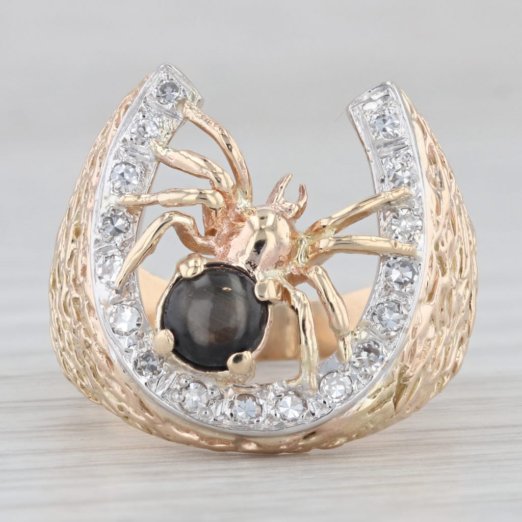 Gray Spider Horseshoe Ring 14k Hammered Gold Diamond Black Star Sapphire Size 8.25